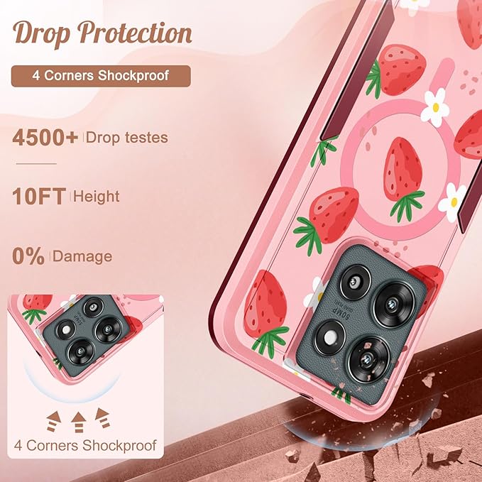for Moto G 2025 Case Women - Compatible with MagSafe Cute Girls Magnetic Protective Phone Cover Girly Kawaii Strawberry Heavy Duty Shockproof Design for Motorola Moto G 5G 2025 Cases