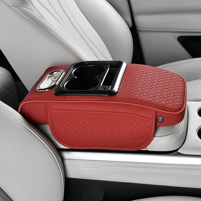 2026 Enhanced Car Center Console Armrest Cushion with USB& Type-C Charging, PU Leather Console Pad with Cup Holders, Storage& Tissue Outlet for Most Vehicles (Sloped Version, Red)