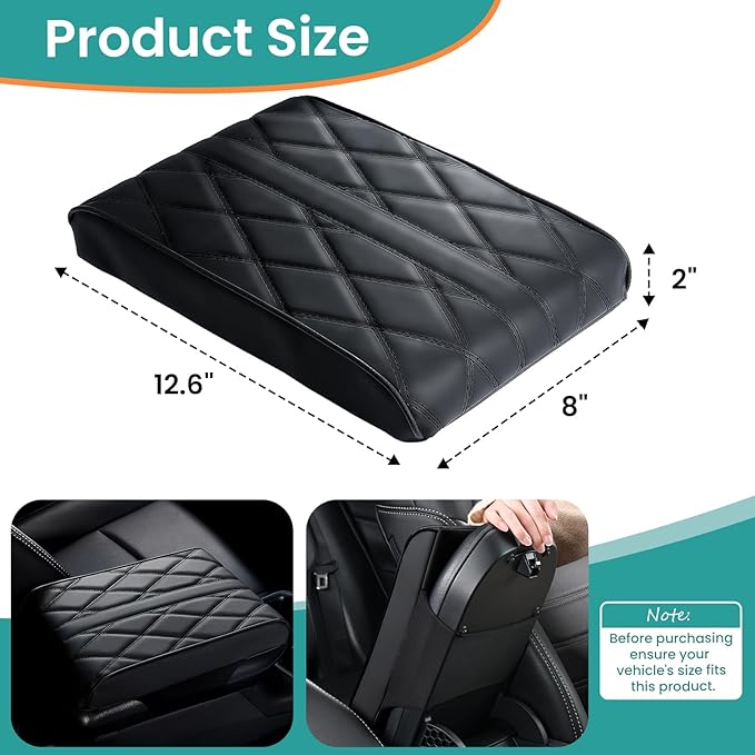 Car Center Console Cover, Leather Arm Rest Cover Mat for Car, Waterproof Car Armrest Box Pad with Memory Foam, Car Accessories Interior Center Console Cushion for Car, Truck, SUV (A - Black)
