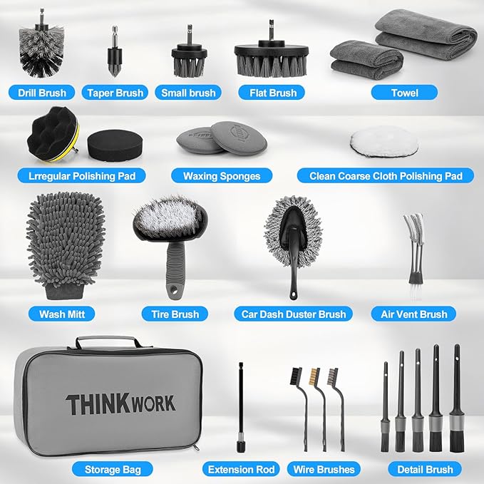 THINKWORK Car Detailing Kit, Car Detailing Brush Set, Car Cleaning Drill Brush Kit with Extension Pole, Professional Auto Detailing Supplies for Automobile Interior Exterior Wheels