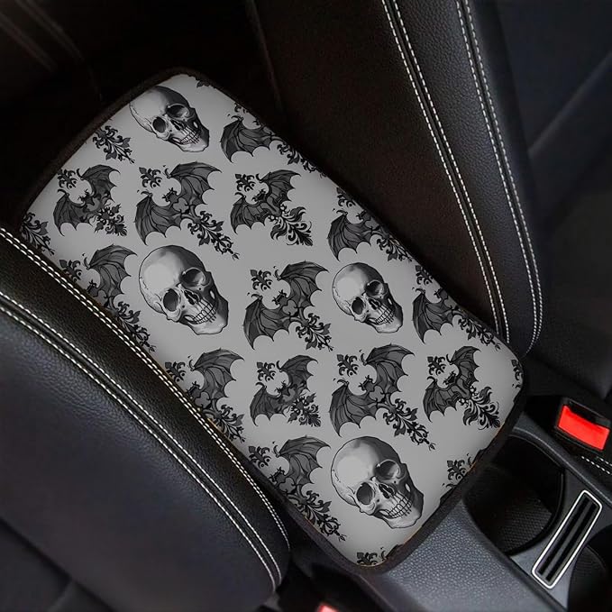 Dreaweet Gothic Car Center Console Cover Gray Bat and Skull Print Arm Rest Cover Halloween Car Accessories Interior Universal Middle Console Covers for SUV Sedan