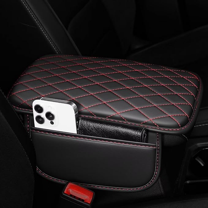 Upgraded Car Center Console Cover Fit for Highlander Faux Leather Car Armrest Cover Cushion with 2 Storage Bags,Car Armrest Storage Box Interior Accessories(Black&Redline)