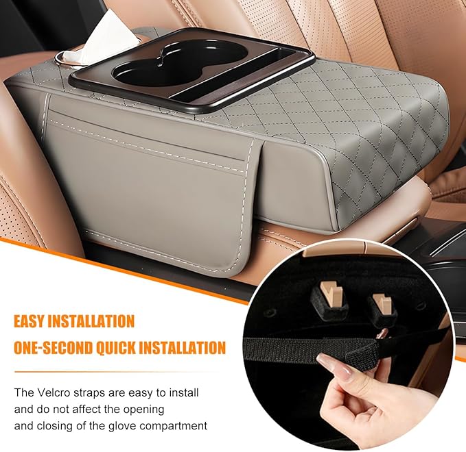 Car Armrest Cushion, 5-in-1 Nappa Leather Vehicle Centre Console Cover with 2 Storage Pockets, Cup Phone & Phone Holder, Multifunctional Auto Organiser Accessories, Universal Fit (Gray)