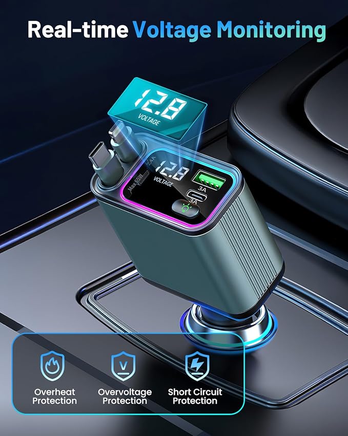 4 in 1 Retractable Car Charger with RGB Light, 92W Fast Charging USB C Car Adapter, Compact Car Phone Charger for iPhone/Galaxy/Pixel, Car Accessories for Women Men (Lightning + Type C Cable)
