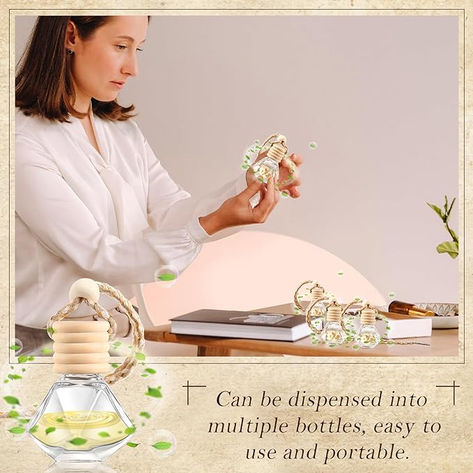 Domensi 200 Pcs Car Diffuser Bottles Air Freshener Bulk, Hanging Empty Glass Perfume Bottles Refillable Air Freshener Pendant Fragrance Vials Ornament Decor with Wooden Caps String(Classic)