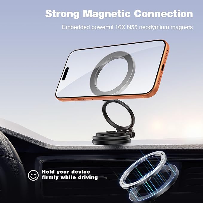GolbinBox Car Phone Holder for MagSafe [360°Rotation] Metal Design iPhone Car Mount,Folding Car Mount [Detachable Base] Strong Magnetic Phone Holder for Car Dash,for iPhone 17 16 15 14 Pro Max, Black