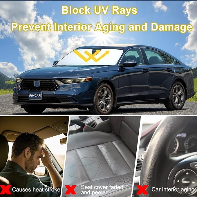 PIMCAR Windshield Sun Shade for 2023 2024 2025 2026 Honda Accord, 310T Reflective Polyester Front Window Sun Visor Blocks UV Rays Foldable Sunshade Honda Accord Accessories
