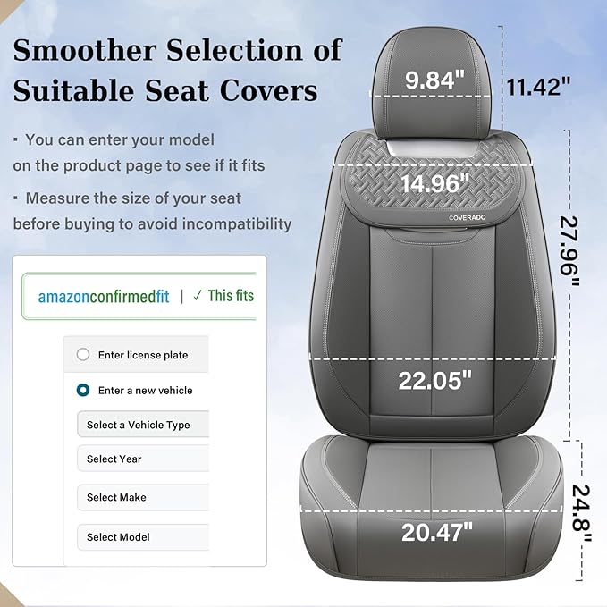 Coverado Car Seat Covers Full Set, Luxury Leather Car Seat Cover, Front and Back Seat Covers for Cars, Waterproof Car Seat Protector, Automotive Seat Covers Universal Fit Most Cars(Gray)