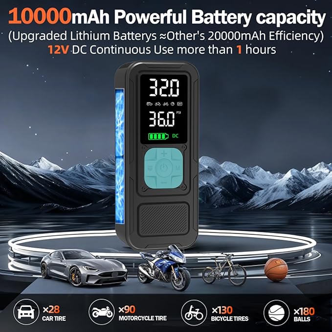 Y34 Tire Inflator Portable Air Compressor,4X Faster Inflation,10000mAh Cordless/12V DC 150PSI Air Pump for Car Tires with Digital Pressure Gauge/LED Light for Car,Motorcycle,Bike,Ball