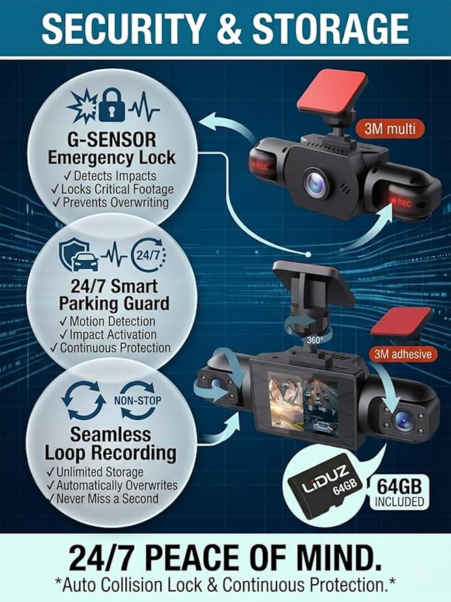 2026 New Full View Wireless Car Dashcam System,4k 4-Channel 360° Panoramic Dash Camera WiFi 6 Driving Recorder,Infrared Night Vision,24/7 Parking Monitor,G-Sensor,Motion Detection(64g)