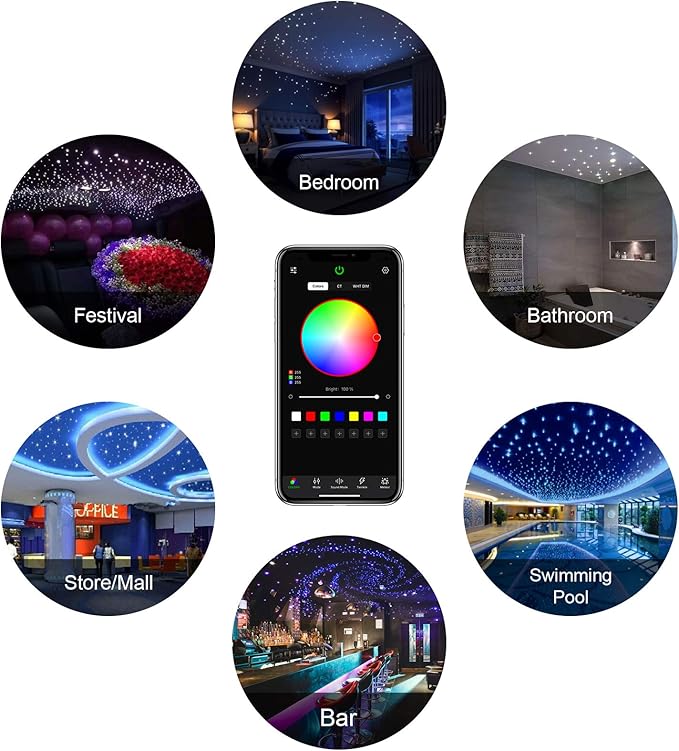 CHINLY 16W 550pcs 13.1ft 0.03in Bluetooth APP/Remote RGBW LED Fiber Optic Star Ceiling Lights Kit +Adapter+Cigarette Lighter for Car/Home Theater