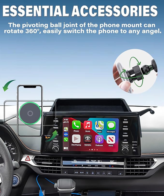 Car Phone Holder for Toyota Sienna 2021-2024 Accessories Apply to 9 Inch Touch Screen 15W Fast Wireless Charger Screen Fixed Clip Cell Phone Mount with Dashboard Storage Tray