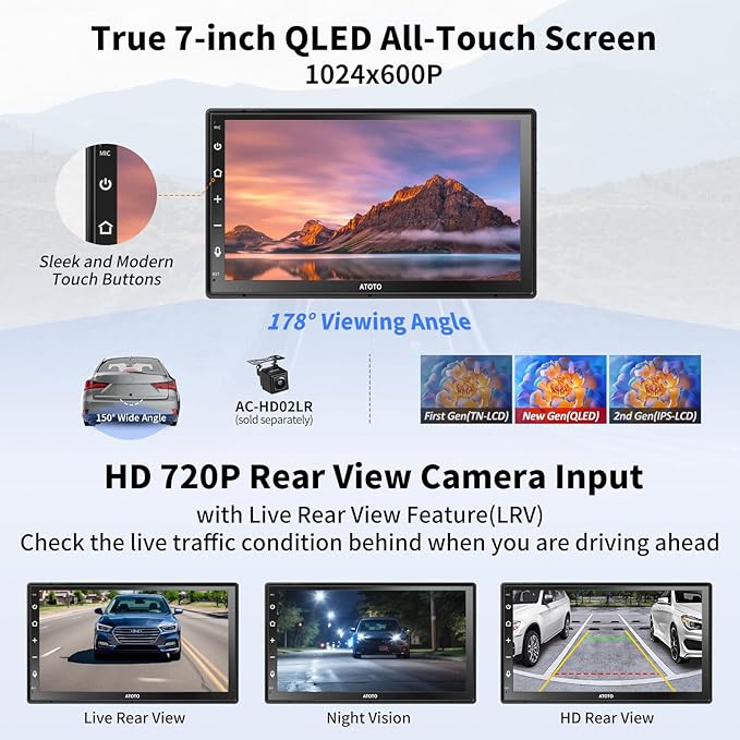 ATOTO A6 PF Android 7" Double DIN Car Stereo, 8-core 2+32GB, Wireless CarPlay & Android Auto QLED Touch Screen, WiFi/BT/USB, AI Chat&GPS Tracking, Dual Bluetooth, DSP/FM/SWC/LRV, MirrorLink,A6G2B7PF