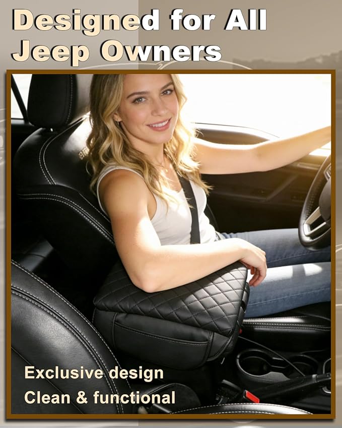 Armrest Cover for Jeep Wrangler JK Center Console Pad with Organizer Storage Pockets, Black Faux Leather Arm Rest Lid Cushion Accessories (2011-2017 Wrangler JK)