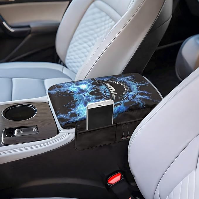 Tupalatus Cool Skull Car Center Console Cover Waterproof Armrest Cushion Cover Pad Breathable Car Center Console Replacement with Storage Pockets for Most Vehicle, SUV, Truck, Car