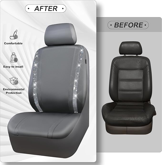 CAR PASS Gray Leather Bling Diamond Car Seat Covers 2 Front Interior Sets, Waterproof Universal Shining Glitter Crystal Sparkle Fit for 95% Automotive Truck SUV Cute Women Girl, Gray Rhinestone