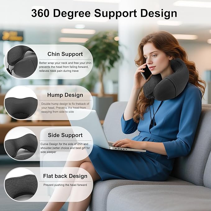Travel Neck Pillow for Airplanes,100% Memory Foam Neck Support Pillow,Ergonomic U-Shaped 360° Neck Support,Portable with Storage Box,for Flight,Car,Train,Office & Home (Dark Gray)
