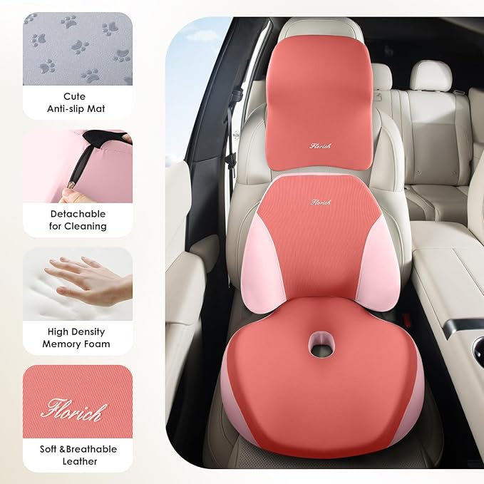 FLORICH Car Seat Cushion & Lumbar Support Pillow & Car Neck Pillow Ergonomic and 100% Memory Foam, Upgraded Larger and Breathable Car Seat Cushion & Back Support Pillow - Pink