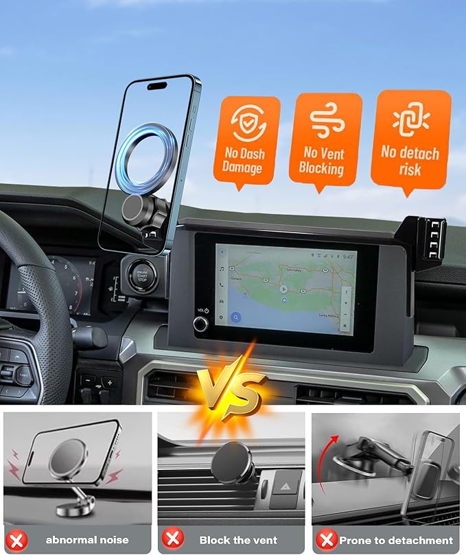 Magnetic Car Phone Mount for 2024 2025 2026 Toyota Tacoma Accessories, for MagSafe Strong Magnets Cell Phone Holder 8-Inch Screen Cradles, with Portable Phone Gripper 360° Rotation