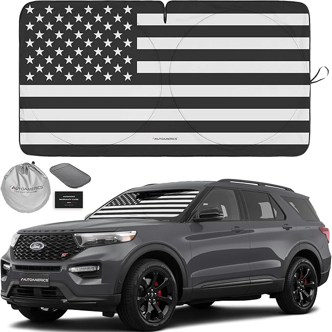 Autoamerics 1-Piece Windshield Sun Shade B&W American Flag USA Patriotic Design - Foldable Car Front Window Sunshade for Most Sedans SUV Truck - Blocks Max UV Rays and Keeps Your Vehicle Cool - Medium