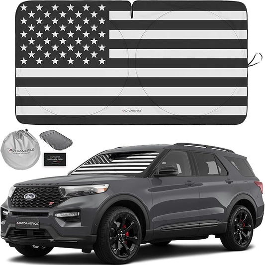 Autoamerics 1-Piece Windshield Sun Shade B&W American Flag USA Patriotic Design - Foldable Car Front Window Sunshade for Most Sedans SUV Truck - Blocks Max UV Rays and Keeps Your Vehicle Cool - Medium