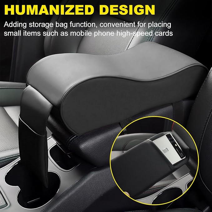 Car Armrest Cushion, Soft Memory Foam Auto Armrest Pillow with Storage Bag, Leather Center Console Arm Rest Padded Cushion with Phone Holder, Universal Car Accessories (Black)
