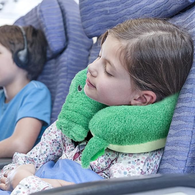 H HOMEWINS Travel Pillow for Kids,Cute Animal Neck Pillow for Boys Girls,Soft Neck Head Chin Support Pillow,Travel Accessories for Airplane, Car, Train,Recline (Crocodile)