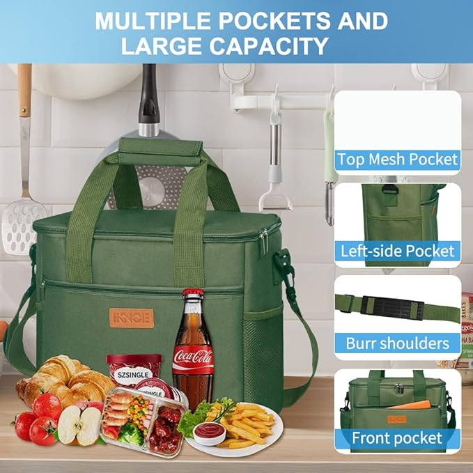 Iknoe Large Cooler Bag Collapsible 24 Can Insulated Bags Leakproof Lunch Cooler Tote with Multi-Pockets for Adult Insulated Thermal Bag for Beach, Picnic, Office Work(Military Green)