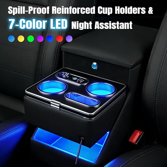 Vehicle Center Console Organizer with 7-Color Ambient Light - Lockable Floor Storage & Dual Cup Holders, Fits Minivans, SUVs & Vans 10.24 inch Wide