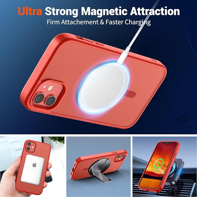 SUPFINE Magnetic for iPhone 12 Mini Case & iPhone 13 Mini Case (Compatible with MagSafe) (Military Grade Drop Protection) Slim Translucent Matte Shockproof Phone Cover,Red