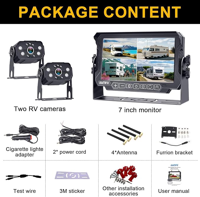 AMTIFO Wireless RV Backup Camera System - 2 HD 1080P Cameras with 7" Split-Screen Monitor,Compatible with Furrion Pre-Wired RVs,Loop Recording,Night Vision,Easy Install for Trailers Campers Trucks