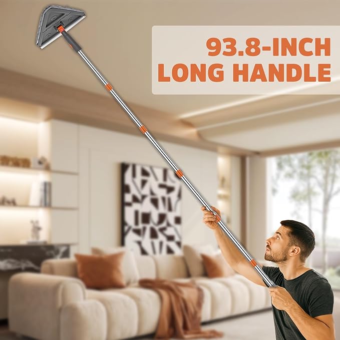 UIMO Wall Cleaner Mop with 94" Long Handle, 2-in-1 Triangle & Rectangle Head with Squeegee, 10 Washable Pads, Baseboard Cleaner Tool for Walls Scrubber, Ceilings, Windows, Glass, Fans, Doors, Corners