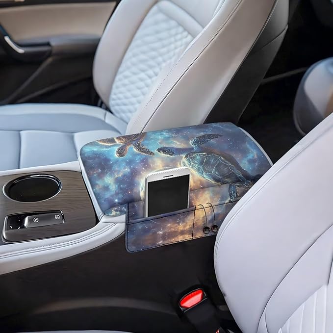 Car Center Console Cover with Pockets, Turtle Sky Easy Clean Car Accessories for Women Men,Car Arm Rest Pad Universal Armrest Protector for Car Truck SUV Van