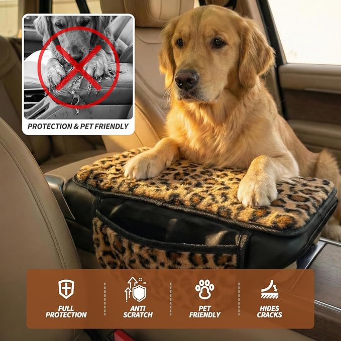 Plush Leopard Print Car Center Console Cover with Side Pockets, Fluffy Armrest Cushion Pad,Soft Cheetah Car Interior Decorations Accessories with Storage for Women,Universal Fit for Vehicles SUV Truck