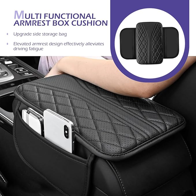 Car Center Console Cover, Leather Center Armrest Cover with Storage Bags, Automotive Heightening Console Protection Pad, Universal for Cars, Trucks, SUVs (Black)