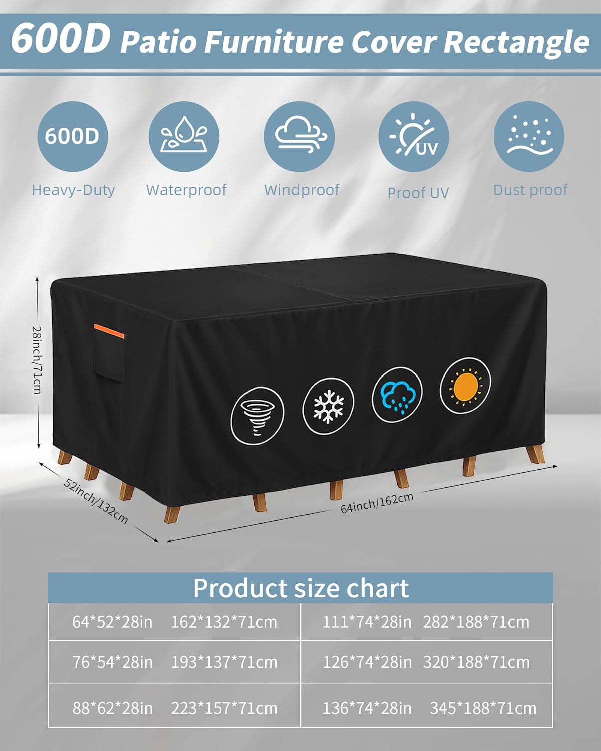Outdoor Waterproof Furniture Cover, 64W x 52L x 28H inches Heavy Duty 600D Rectangular Table and Chair Set Protection, Black