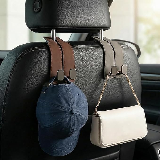 Car Seat Back Storage Hook, 2026 New Two Hook Fur Leather Seat Back Headrest Hanger Genuine Leather Double Metal Hook for Backseat Organizer, Car Organization Accessories (4, Brown)