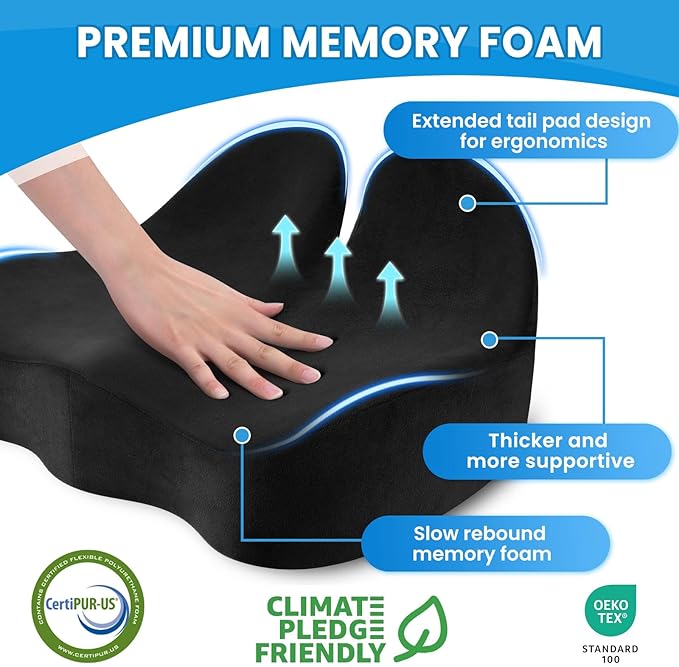 Seat Cushion, Ergonomic Memory Foam Seat Cushions for Office Chairs, Car, Long Trip, Desk Chair, Lab, Extra Large Size for Sciatica & Hip & Tailbone Pain Relief, Sciatica Support (Black)