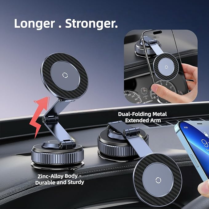 Magnetic Car Phone Holder with Suction Cup 360° Adjustable Foldable Phone Mount Zinc-Alloy Phone Holders for Your Car for Tesla iPhone 17 Pro Max 16 15 14 13 12 Plus