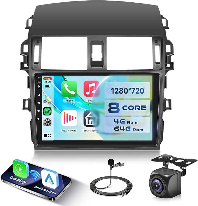 8-Core 4G+64G Qual-comm Snapdragon chip Car Radio for Toyota Corolla 2009-2013, Rimoody Car Stereo Carplay Android Auto 3D car Model Display GPS WiFi 9 Inch IPS Touchscreen Mirror Link Camera
