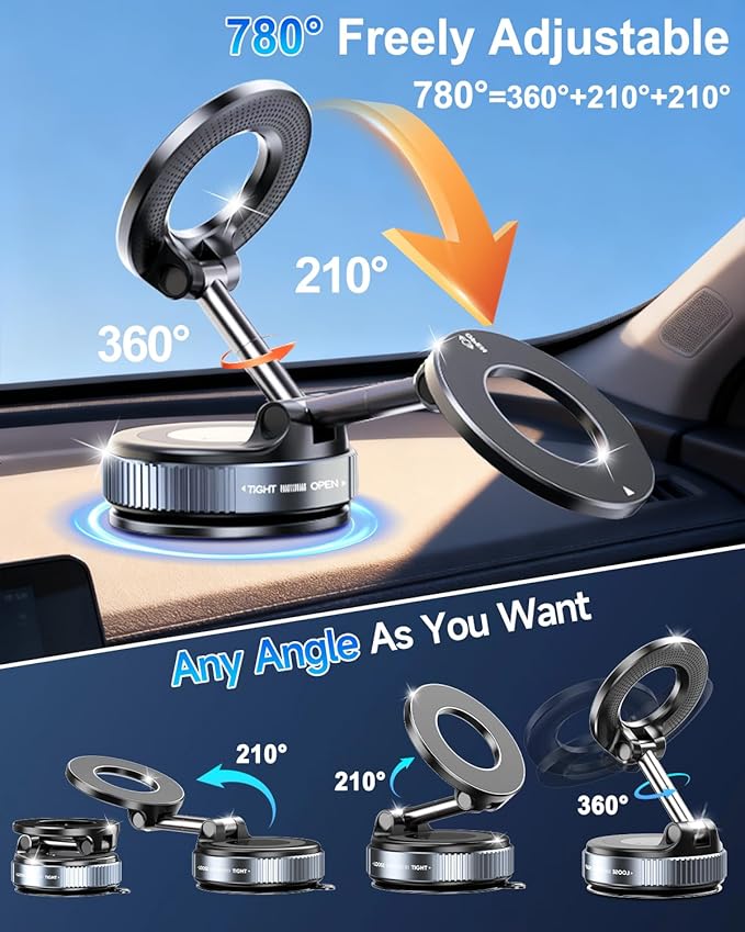 Upgraded Vacuum Magnetic Car Phone Holder for Your Car [120LBS Ultra Suction Cup & 3000gf Magnet] 780° Adjustable Foldable Cell Phone Mount for Magsafe Dashboard Car Bracket Stand for iPhone & Android