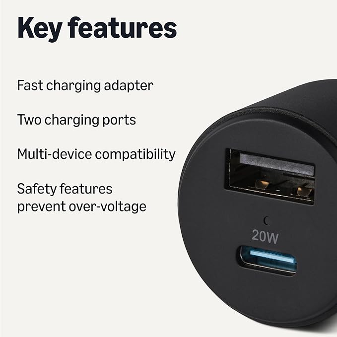 Amazon Basics Fast-Charging Car Charger, Dual-Port, 1 USB-C + 1 USB-A, 32W, Multi-Device Compatibility, Safety Features, Black