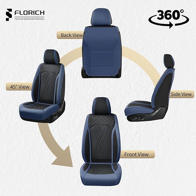 FLORICH Leather Front Car Seat Covers Waterproof Durable Front Seat Protector for Cars Luxury Seat Cover Breathable Vehicle Seat Cushion Universal Fit for Most Car Truck SUV, Black&Blue