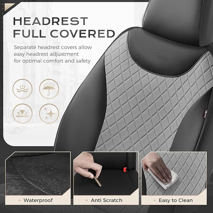 Coverado Car Seat Covers, 2 Seat Waterproof Seat Covers for Cars, Leather Driver Seat Covers, Front Car Seat Protectors Automotive Seat Cushions Universal Fit for Most Sedan, SUV, Truck, Black & Gray