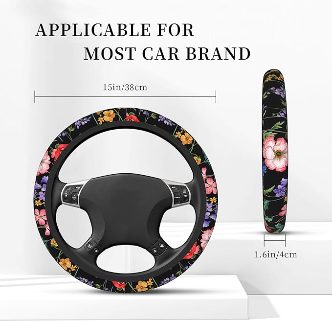 Colorful Floral Flowers Steering Wheel Cover, Elastic Non-Slip Steering Wheel Protector,Auto Interior Decor for Women Girls,Universal 15" Fit for Sedans,Trucks