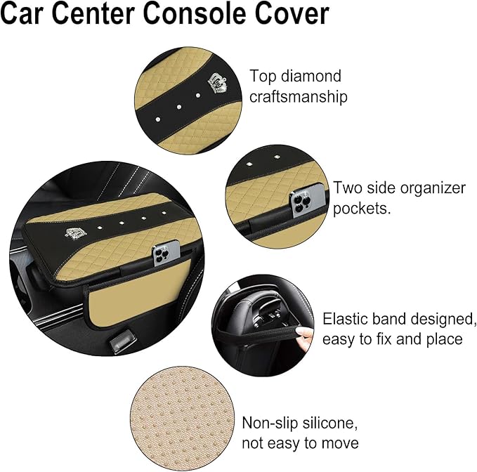 NBTEPEM Bling Crown Car Center Console Armrest Cover, Leather Middle Console Cover Cushion with 2 Storage Bags, Car Armrest Storage Box Interior Accessories for Most Vehicles(Beige)