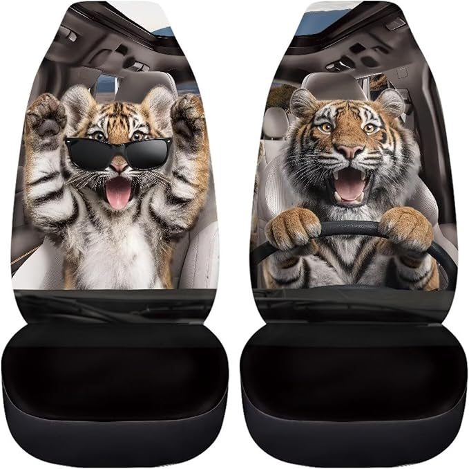 Funny Tiger Car Front Seat Cover Set Decorative Automotive Seat Cushion Covers Soft Front Bucket Seat Cover Fit Most Car Truck SUV Van for Men Women