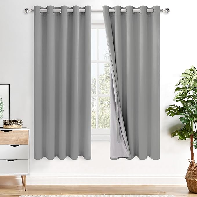 XWZO 100% Blackout Curtains 63 Inches Long with Tiebacks- Heat and Full Light Blocking, Thermal Insulated Window Panels with Grommets for Bedroom/Nursery, Light Grey, W60 x L63, Set of 2 Draperies