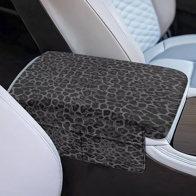 Dreaweet Black Leopard Print Center Console Cover for Car Thick Arm Rest Cover Pad with Pockets Cheetah Car Accessories Universal Comfortable Car Armrest Cover Cushion Pad