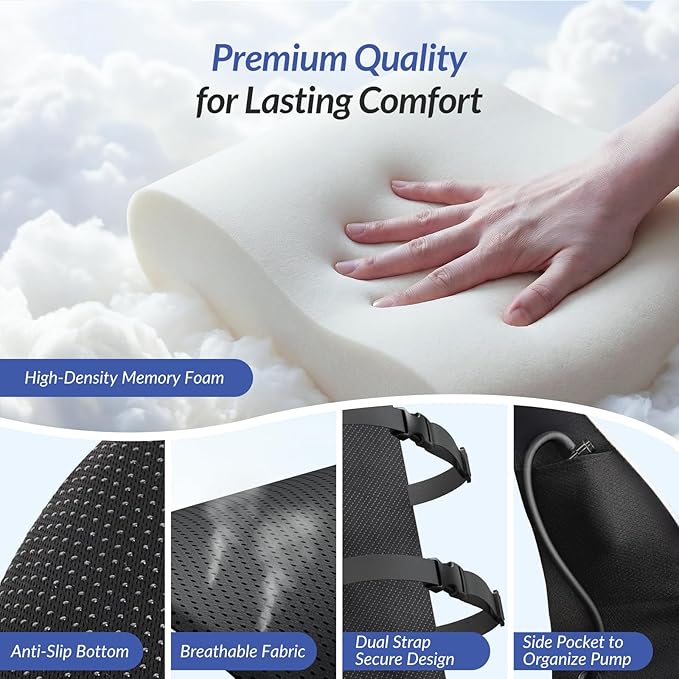 ZIKEE Adjustable Airbag Lumbar Support Pillow Provides Comfortable Support Back Pain Relief and Improves Posture, Ergonomic Memory Foam Back Support Pillow for Office Chair, Car, Home